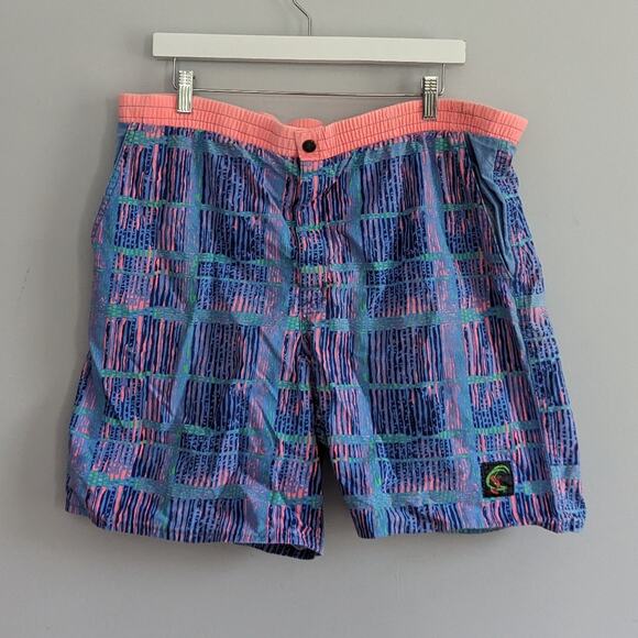 Men's Vintage O'Neil Swim Trunks Neon Blue Pink Oversized  34 Made in USA - Picture 3 of 7
